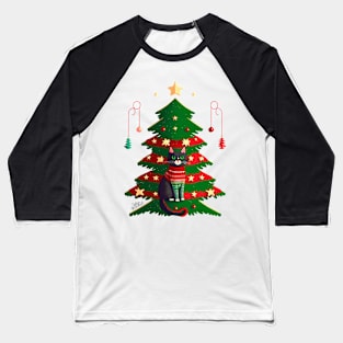 Cute cat in Christmas sweater and Christmas tree Baseball T-Shirt